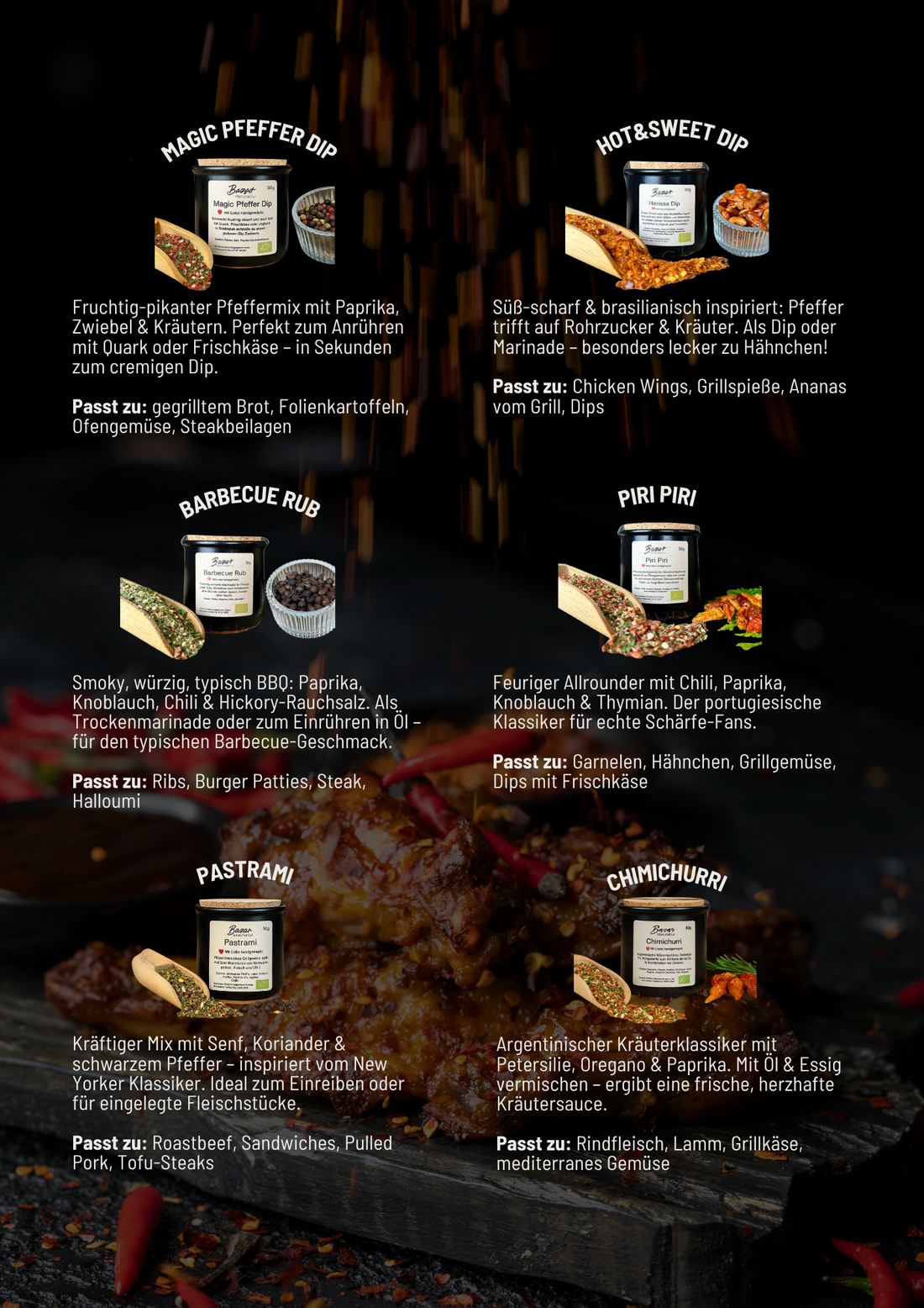 Grill Gewürze Set – „6 Bio-Mischungen für echten BBQ-Genuss“